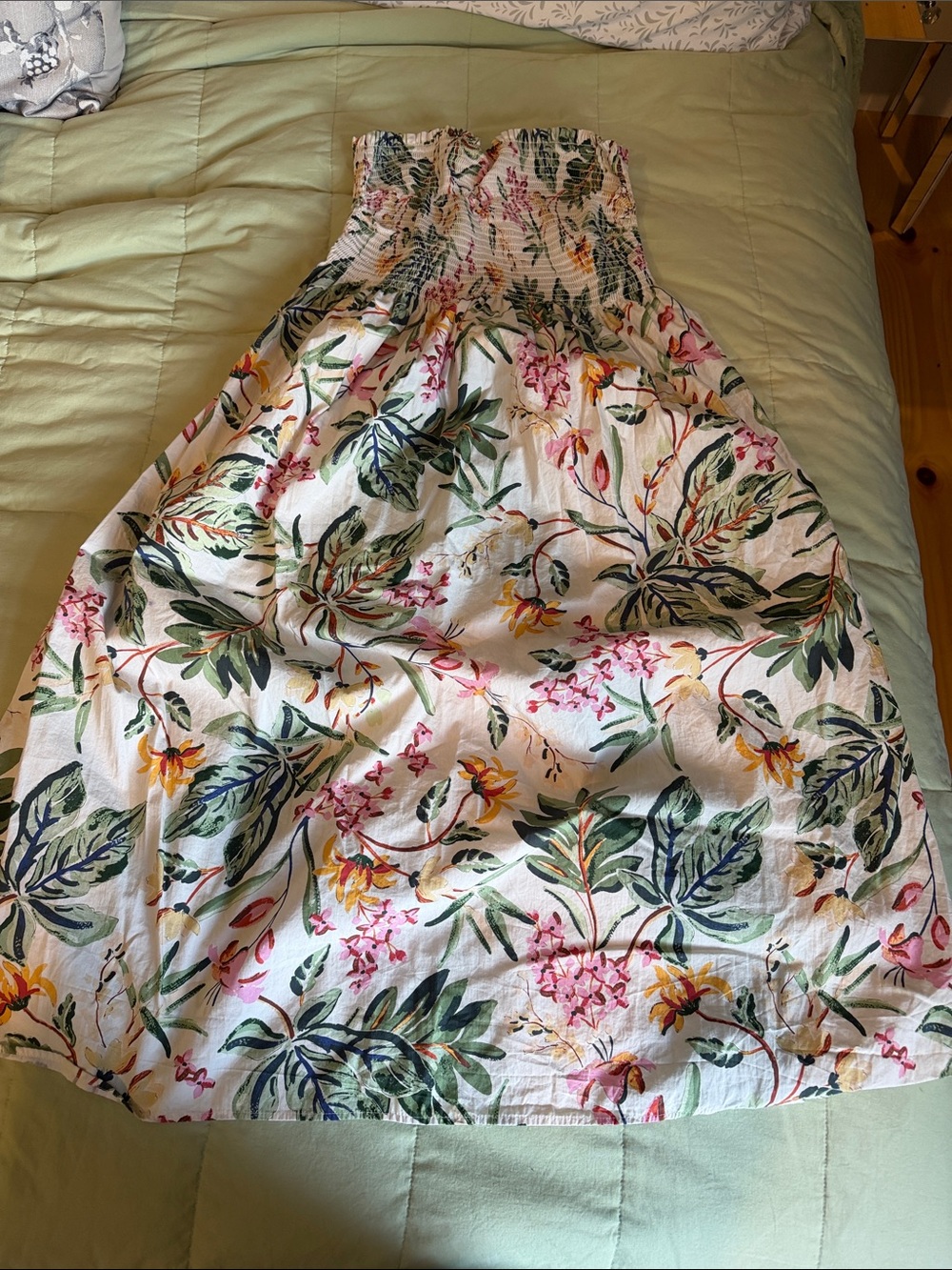 Floral Strapless Summer Dress in White with Green & Pink Print